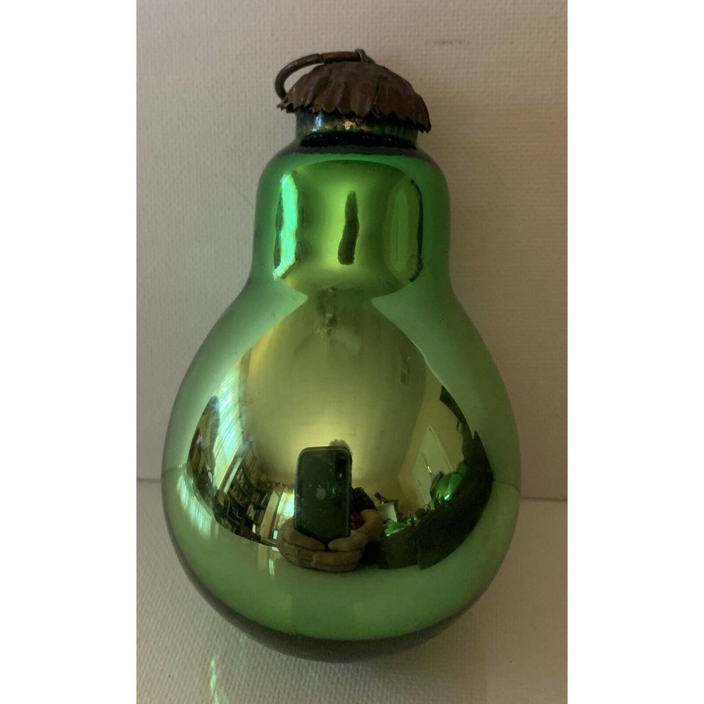 5 green glass pear shaped christmas ornaments Mercury glass? Brass tops